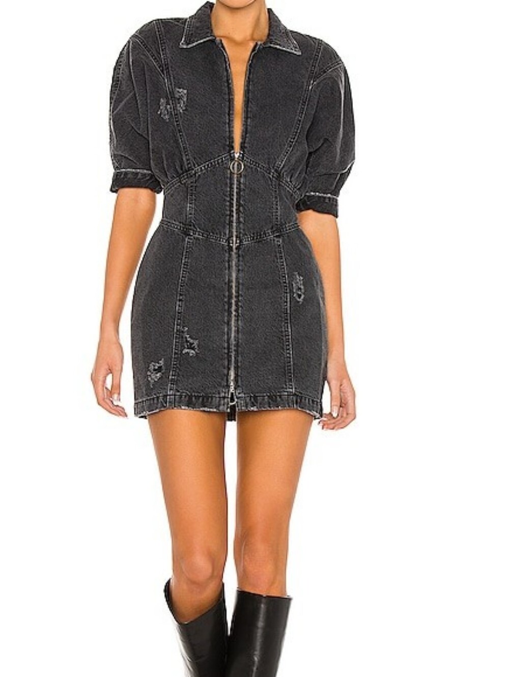 Retrofête Miley Onyx Denim Mini Dress XS Black Distressed Zip Front